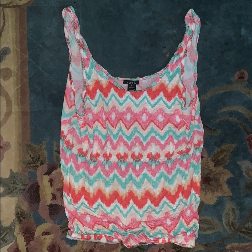 Pink blue red orange white tan top
